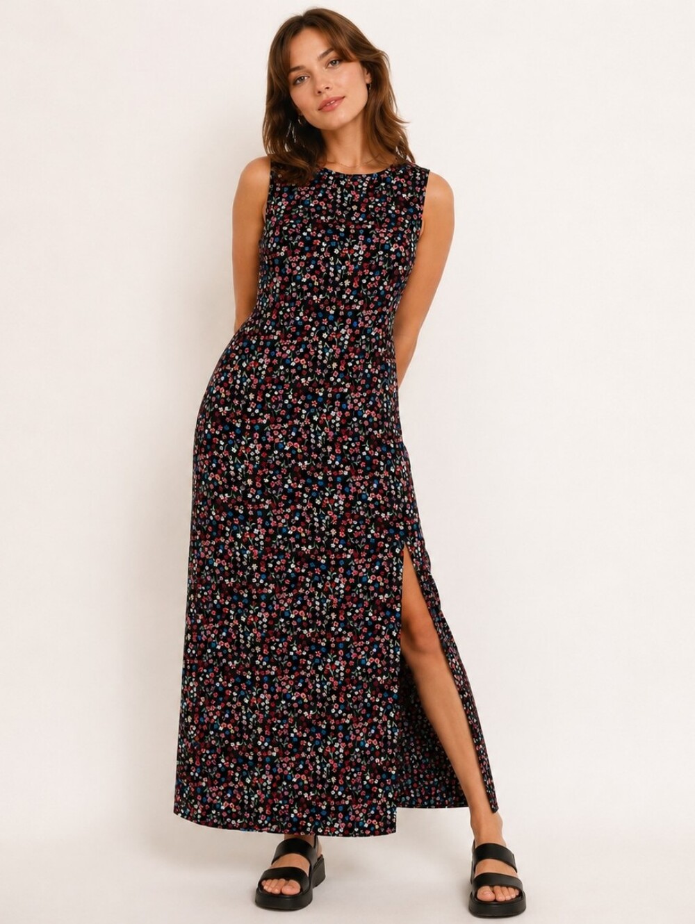 Vintage 90s Long Ditzy Floral Dress Sleeveless  Wmn's Size L Soft Grunge Fairy